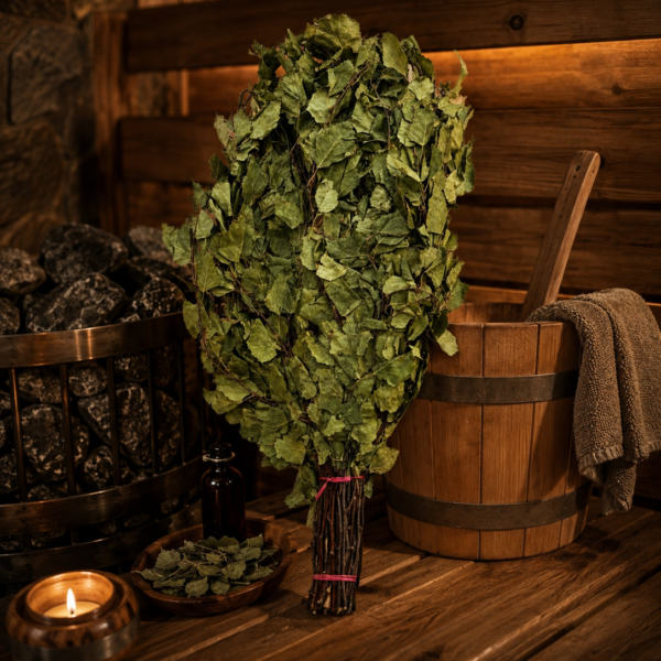 Bērza pirts slota novietota uz koka lāvas tradicionālā pirts interjerā. Blakus redzams koka ķipis, pirts akmeņi, svece un trauks ar kaltētām bērzu lapām.