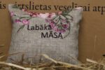 Aromātiskais spilventiņš ar uzrakstu "Labākā māsa" novietots uz siena fona. Attēlā redzams dekoratīvais spilventiņš ar izšūtu uzrakstu un maigu ziedu rakstu rozā toņos.