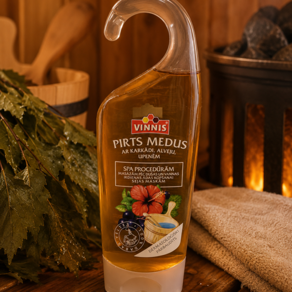 Pirts medus ar karstā medus aromātu 290 g caurspīdīgā pudelē ar dozatoru novietots uz koka lāvas pirts interjerā. Blakus redzama pirts slota un dvielis.