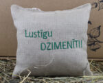 Aromātiskais spilventiņš ar uzrakstu "Lustīgu DZIMENĪTI!" novietots uz siena fona.