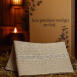 Linu dvielis pirtij, salocīts un novietots uz salmiem pirts telpā, fonā kartona dāvanu kaste