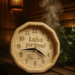 Koka pirts pulkstenis ar uzrakstu "Laba pirtiņa!", novietots uz koka lāvas pirts telpā