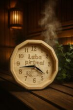 Koka pirts pulkstenis ar uzrakstu "Laba pirtiņa!", novietots uz koka lāvas pirts telpā