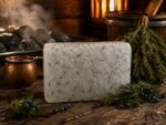 Kadiķa aromāta sāls bloks novietots siltā pirts atmosfērā uz koka lāvas. Attēlā redzams gaišs sāls bloks ar kadiķa skujām, kopā ar kadiķu zariem, ogām, vara krūzīti un pirts slotu fonā.