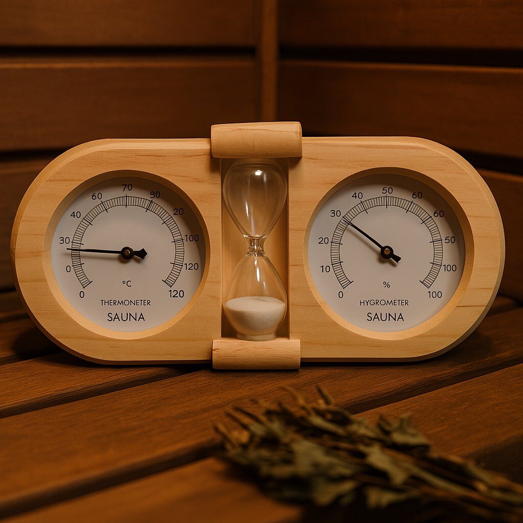 Koka termometrs un higrometrs pirtij ar smilšu pulksteni uz pirts lāvas