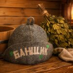 Filca pirts cepure "БАНЩИК" pirts atmosfērā. Attēlā redzama tumša pirts cepure uz koka lāvas, fonā pirts ķipītis, bērzu slotas un silts laternas apgaismojums.