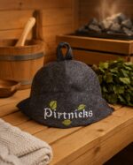 Pirts cepure ar izšuvumu “Pirtnieks” novietota uz koka lāvas blakus pirts slotām un ķipītim autentiskā pirts interjerā