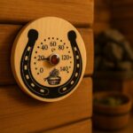 Apaļš koka pirts termometrs ar pakava dizainu piestiprināts pie koka sienas tradicionālā pirts interjerā