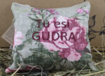 Aromātiskais spilventiņš ar uzrakstu "Tu esi GUDRA" novietots uz siena fona.
