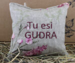 Aromātiskais spilventiņš ar uzrakstu "Tu esi GUDRA" novietots uz siena fona.