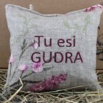 Aromātiskais spilventiņš ar uzrakstu "Tu esi GUDRA" novietots uz siena fona.