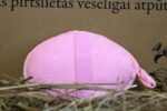 Rozā pirts masāžas spilventiņa aizmugure ar piekarināšanas cilpu novietota uz siena fona. Attēlā redzama ovāla forma, mīksts tekstila pārklājums un šuves centrā, kas izceļ spilventiņa konstrukciju.