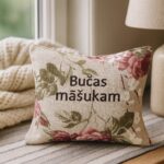 Aromātiskais auduma spilventiņš ar uzrakstu “Bučas māšukam”, novietots uz gaišas lina pārklāja virsmas pie loga