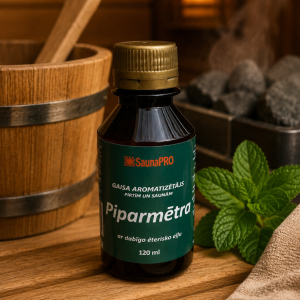 Gaisa aromatizētājs Piparmētra 120 ml tumšā pudelē novietots uz koka lāvas pirts interjerā. Blakus redzama svaiga piparmētra, dvielis un fonā – koka spainis un pirts krāsns.