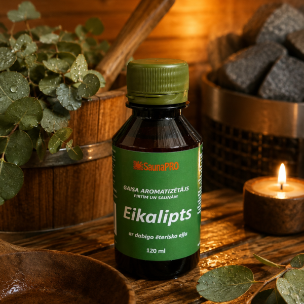 Gaisa aromatizētājs pirtīm ar eikalipta aromātu 120 ml tumšā stikla pudelē novietots uz koka galda pirts interjerā. Blakus redzams koka pirts spainis ar kausiņu, eikalipta zari un aizdegta svece.