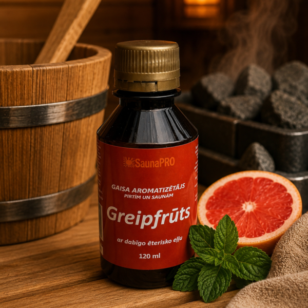 Gaisa aromatizētājs Greipfrūts 120 ml tumšā pudelē novietots uz koka lāvas pirts interjerā. Blakus redzams svaigs greipfrūts, piparmētra, dvielis un fonā – koka spainis un pirts krāsns.