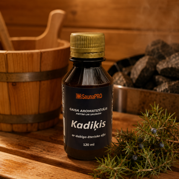 Gaisa aromatizētājs pirtīm ar kadiķa aromātu 120 ml tumšā stikla pudelē novietots uz koka galda pirts interjerā. Blakus redzams koka pirts spainis, pirts krāsns akmeņi un kadiķa zari.