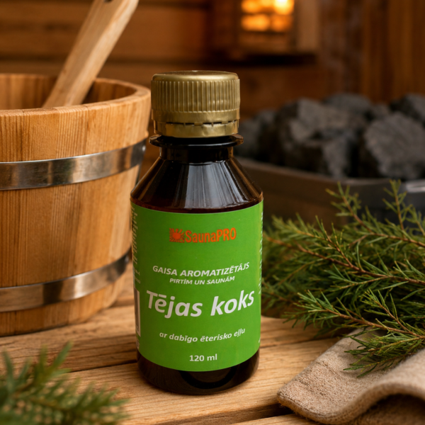 Gaisa aromatizētājs pirtīm ar tējas koka aromātu 120 ml tumšā stikla pudelē novietots uz koka galda pirts interjerā. Blakus redzams koka pirts spainis ar kausiņu, egļu zari un pirts dvielis.