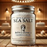 Jūras sāls ar Kleopatras receptes dizainu stikla burkā novietota uz koka virsmas elegantā SPA un pirts atmosfērā