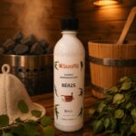 Pirts lāvu mazgāšanas līdzeklis ar bērza aromātu 500 ml baltā pudelē novietots uz koka lāvas pirts interjerā. Blakus redzama filca pirts cepure, bērza zari, koka pirts spainis un pirts krāsns akmeņi.