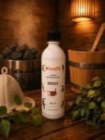 Pirts lāvu mazgāšanas līdzeklis ar bērza aromātu 500 ml baltā pudelē novietots uz koka lāvas pirts interjerā. Blakus redzama filca pirts cepure, bērza zari, koka pirts spainis un pirts krāsns akmeņi.