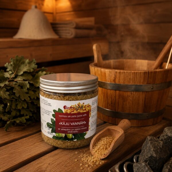 Burciņa ar jūras sāli kāju vannām novietota pirts atmosfērā uz koka lāvas. Attēlā redzams produkts blakus koka ķipītim, pirts slotiņai, kausiņam un sakarsētiem akmeņiem.