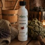 Pirts aromatizators ar lavandas aromātu 500 ml baltā pudelē novietots uz koka lāvas pirts interjerā. Priekšplānā redzami lavandas ziedi un dvielis, fonā pirts krāsns ar akmeņiem un ozola pirtsslota.