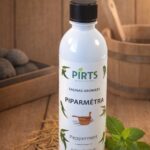 Pirts aromāts “Piparmētra” baltā pudelē, novietots uz koka virsmas blakus svaigām piparmētru lapām