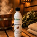 Pirts aromatizators ANTISTRESS 500 ml baltā pudelē novietots uz koka lāvas pirts interjerā. Fonā redzams koka spainis ar tvaiku, ozola pirtsslota un salocīti dvieļi.