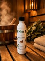 Pirts aromatizators ANTISTRESS 500 ml baltā pudelē novietots uz koka lāvas pirts interjerā. Fonā redzams koka spainis ar tvaiku, ozola pirtsslota un salocīti dvieļi.