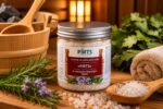 Burciņa ar pirts jūras sāli "Pirts" ar dabīgām ēteriskām eļļām novietota siltā pirts atmosfērā uz koka lāvas. Attēlā redzams produkts kopā ar rozmarīna zariem, violetiem ziediem, jūras sāli koka karotē, sarullētu dvieli un bērza zariem fonā.