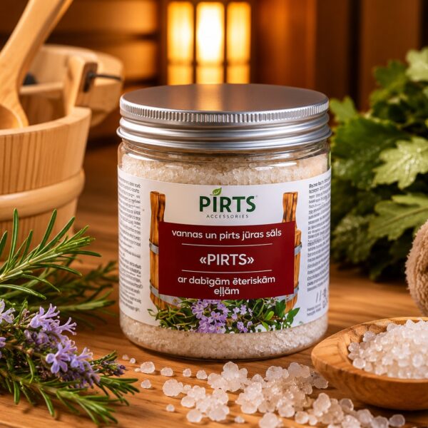 Burciņa ar pirts jūras sāli "Pirts" ar dabīgām ēteriskām eļļām novietota siltā pirts atmosfērā uz koka lāvas. Attēlā redzams produkts kopā ar rozmarīna zariem, violetiem ziediem, jūras sāli koka karotē, sarullētu dvieli un bērza zariem fonā.