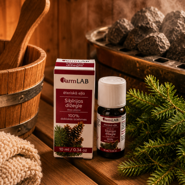 FarmLab ēteriskā eļļa "Sibīrijas dižegle" 10 ml kopā ar iepakojumu novietota uz koka lāvas pirts interjerā. Blakus redzami dižegles zari, koka ķipis, pirts akmeņi un tvaiks.