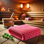 Rozā japāņu mazgāšanās lupatiņa salocītā veidā novietota uz koka lāvas siltā sauna atmosfērā