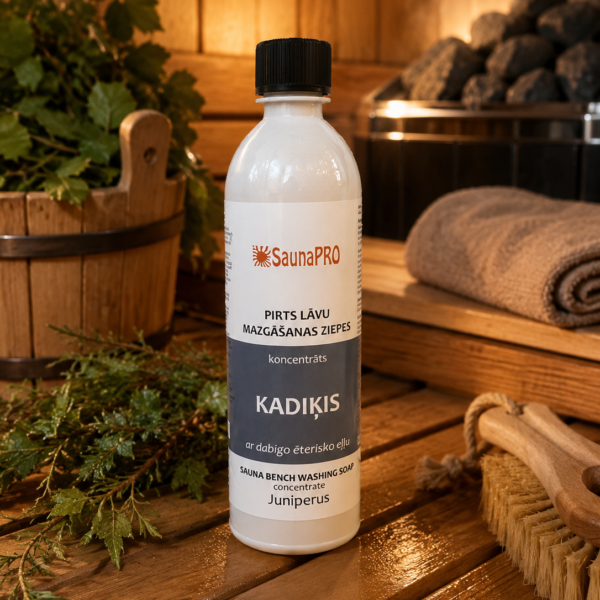 Pirts lāvu mazgāšanas līdzeklis ar kadiķa aromātu 500 ml baltā pudelē novietots uz koka lāvas pirts interjerā. Blakus redzami kadiķa zari, koka pirts spainis, pirts krāsns akmeņi un pirts birste.