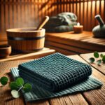 Tumši zils pirts dvielis salocītā veidā novietots uz koka lāvas siltā sauna atmosfērā