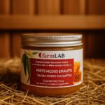 Kosmētiskais pirts medus “Eikalipts” 420 g no farmLAB plastmasas iepakojumā ar baltu vāku, novietots uz salmiem pirts interjerā