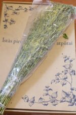 Pirts pušķis no žāvētiem augiem caurspīdīgā iepakojumā, novietots uz kartona kastes