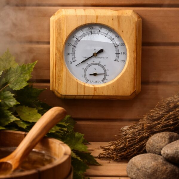 Koka pirts termometrs ar higrometru uz pirts sienas pirts atmosfērā