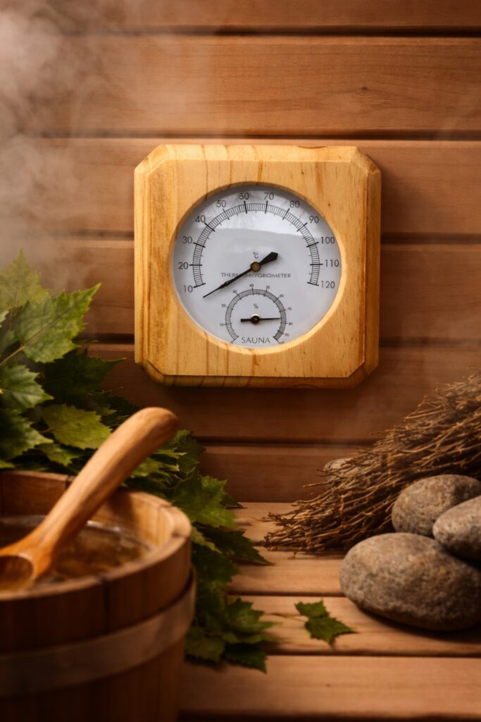 Koka pirts termometrs ar higrometru uz pirts sienas pirts atmosfērā