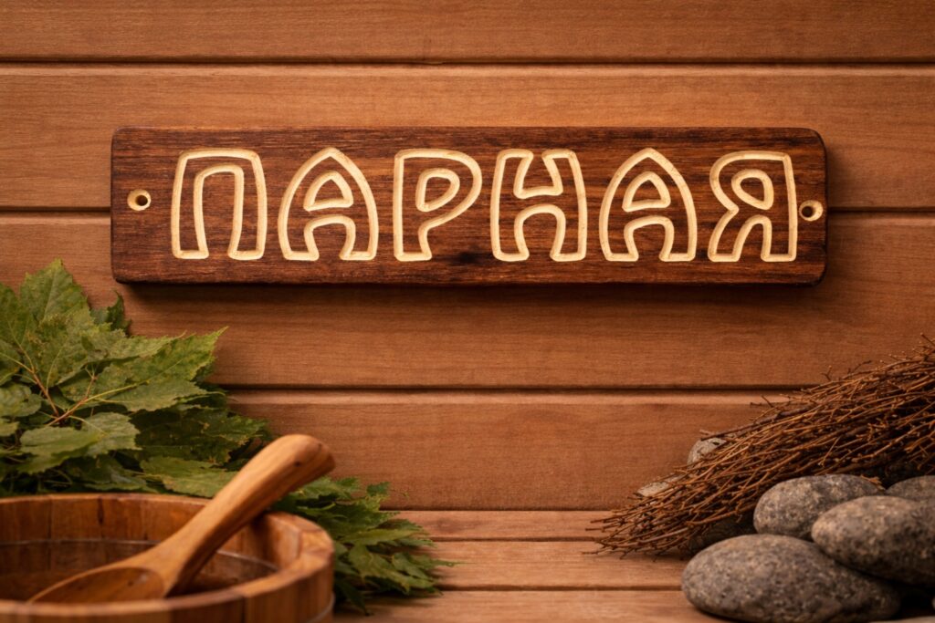 Koka izkārtne “Парная” uz pirts sienas pirts atmosfērā