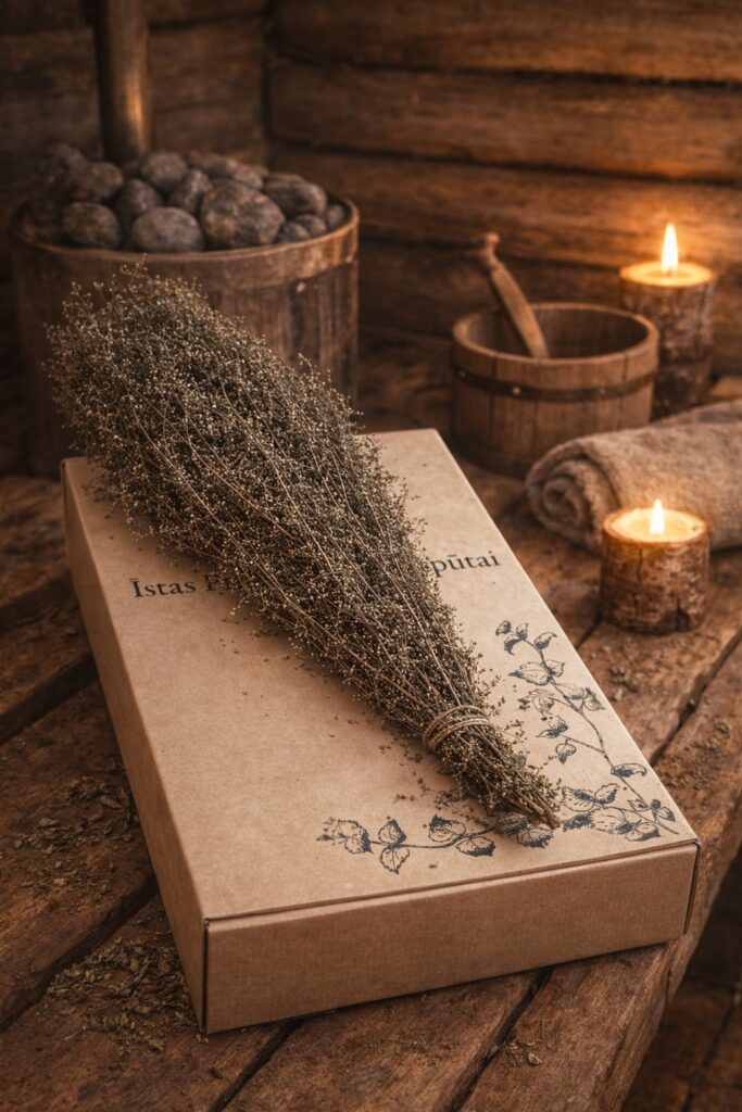 Pirts slotiņa uz dāvanu kastes pirts atmosfērā