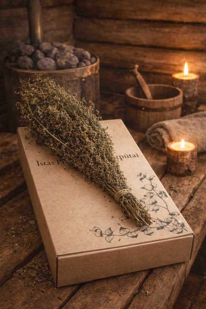 Pirts slotiņa uz dāvanu kastes pirts atmosfērā