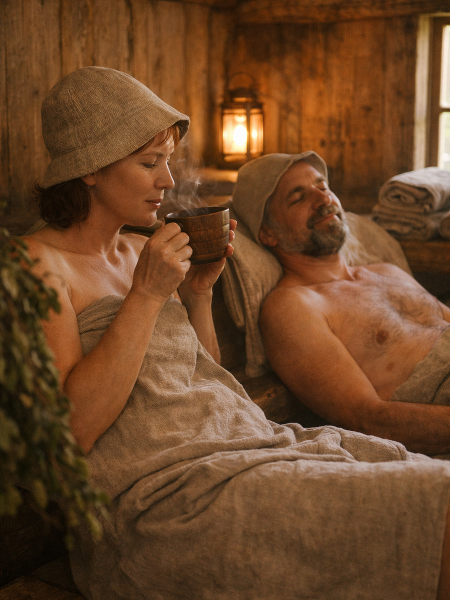 Mierīgs pirts rituāls ar cilvēkiem koka pirts telpā