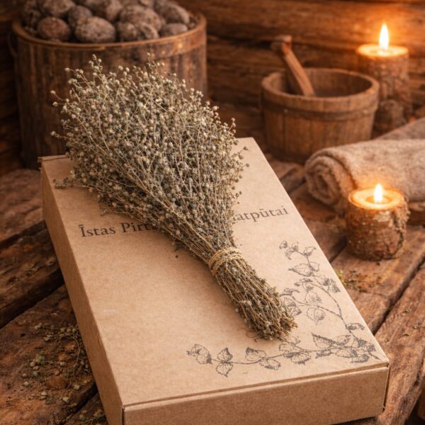 Pirts slotiņa uz dāvanu kastes pirts rituāla atmosfērā