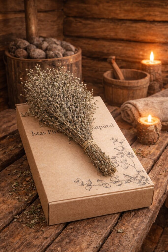 Pirts slotiņa uz dāvanu kastes pirts rituāla atmosfērā