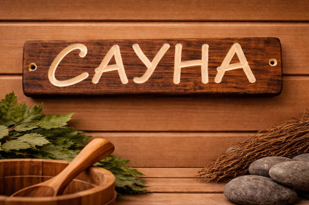 Sauna izkārtne uz koka sienas pirts atmosfērā