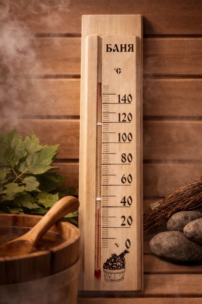 Koka pirts termometrs uz pirts sienas pirts atmosfērā