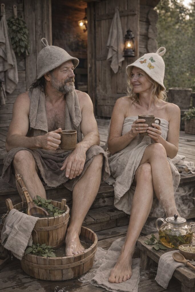 Vīrietis un sieviete pirts cepurēs sēž pie koka pirts ēkas, kājas iemērktas koka vannās ar zālītēm, rokās turot krūzes