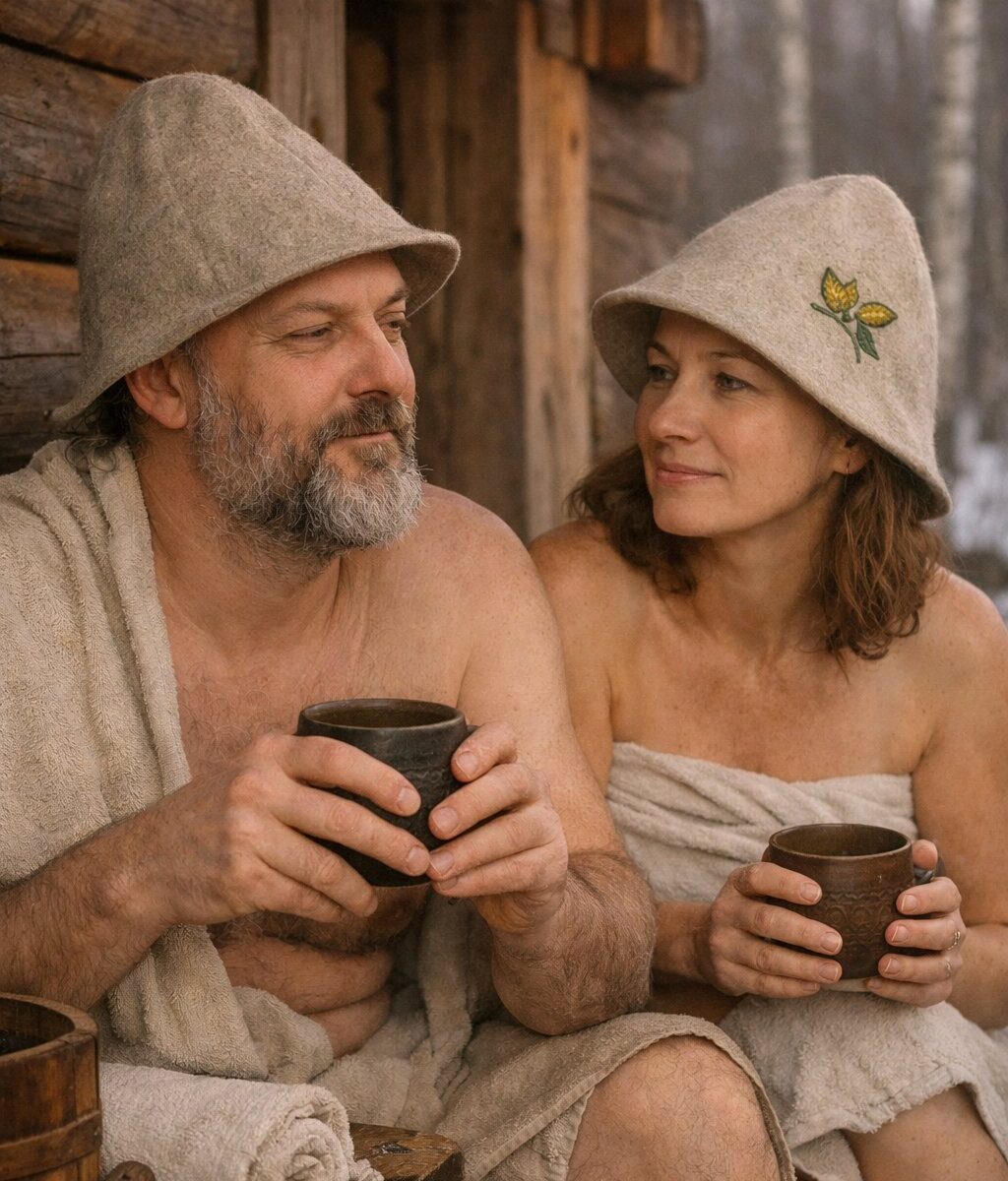 Vīrietis un sieviete pirts cepurēs sēž uz koka soliņa pie pirts sienas un tur rokās krūzes